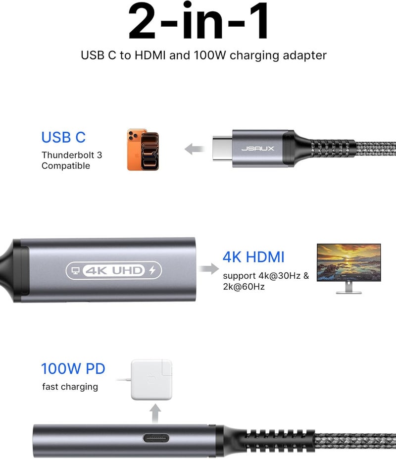 jsaux USB C to HDMI with PD Charger Adapter, 2-in-1 Type C to HDMI 4K@30Hz/100W Charging Compatible with iPhone 17 Pro Max/Air/ 16 Pro Max/15 Pro Max,Samsung S24/S23,MacBook,Dell,Steam Deck,ROG Ally - Image 3